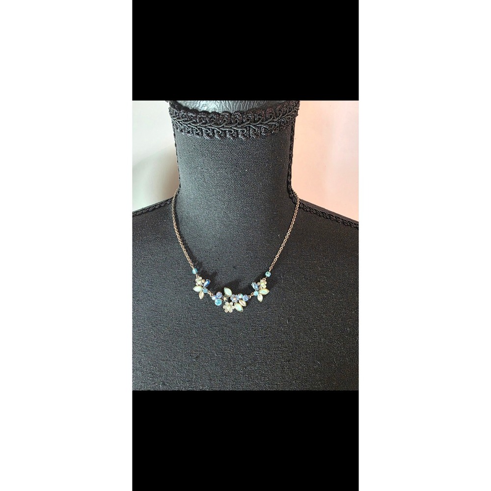 Vintage Blue Opal Crystal Flower Cluster Statement Necklace Gunmetal Tone 16in
